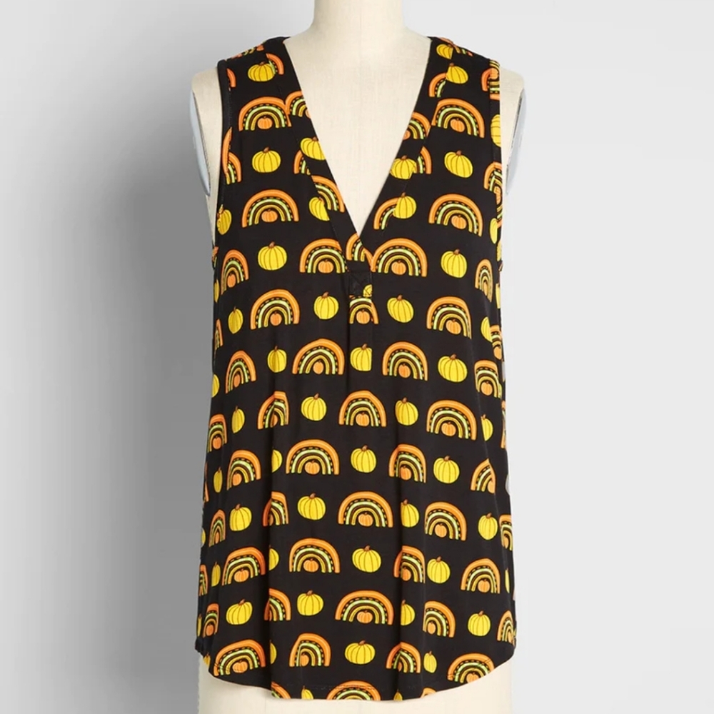 A Welcome Change sleeveless top in black and pumpkin rainbows - Picture 2 of 5